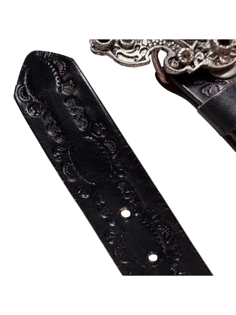 Leatherock Black Embossed Leather Belt Large Silver Tone Studded Cross Bluckle